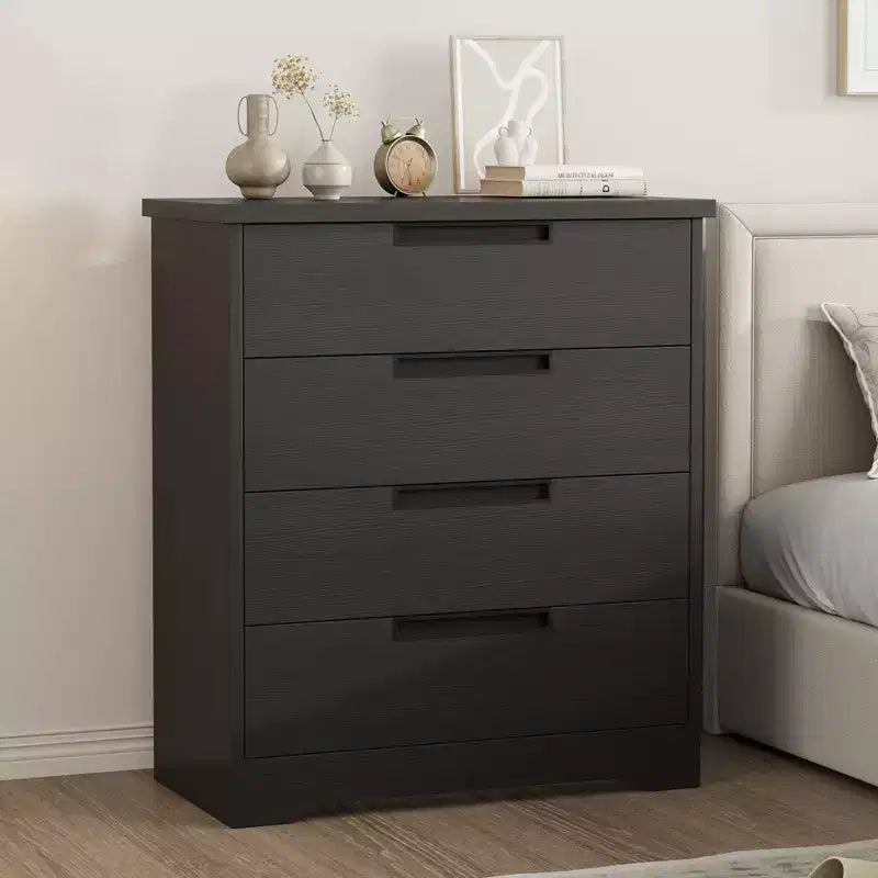 TROPOW 4 Drawer Dresser for Bedroom, Black Chest of Drawers with Embedded Handles Design, Wooden Dresser Organizer for Living Room, Black