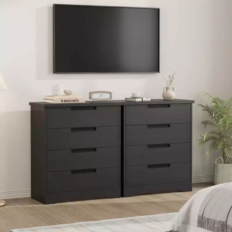 Commode à 4 tiroirs pour chambre à coucher, Organiseur de commode en bois pour salon, Noir