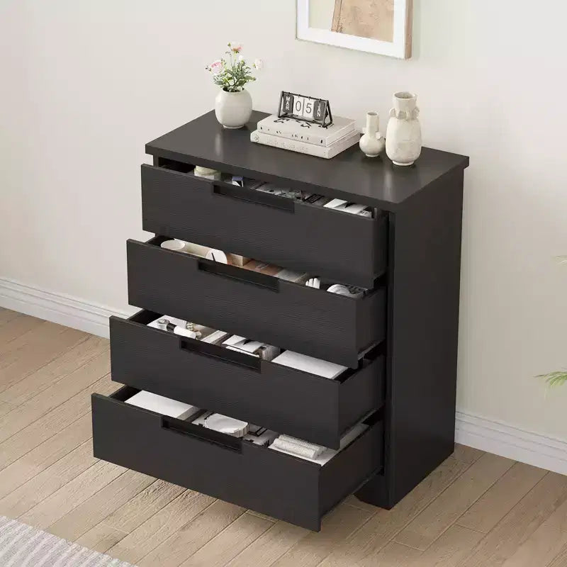 Commode à 4 tiroirs pour chambre à coucher, Organiseur de commode en bois pour salon, Noir