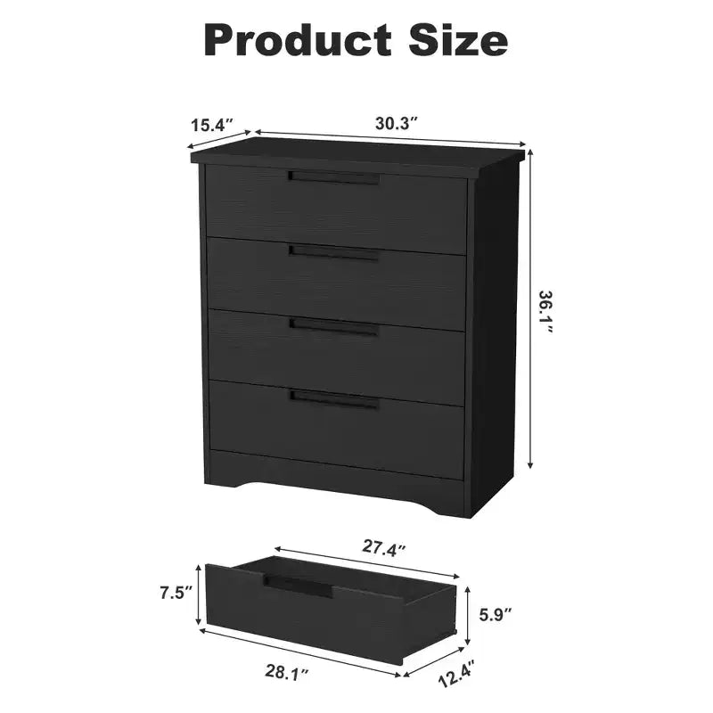 Commode à 4 tiroirs pour chambre à coucher, Organiseur de commode en bois pour salon, Noir