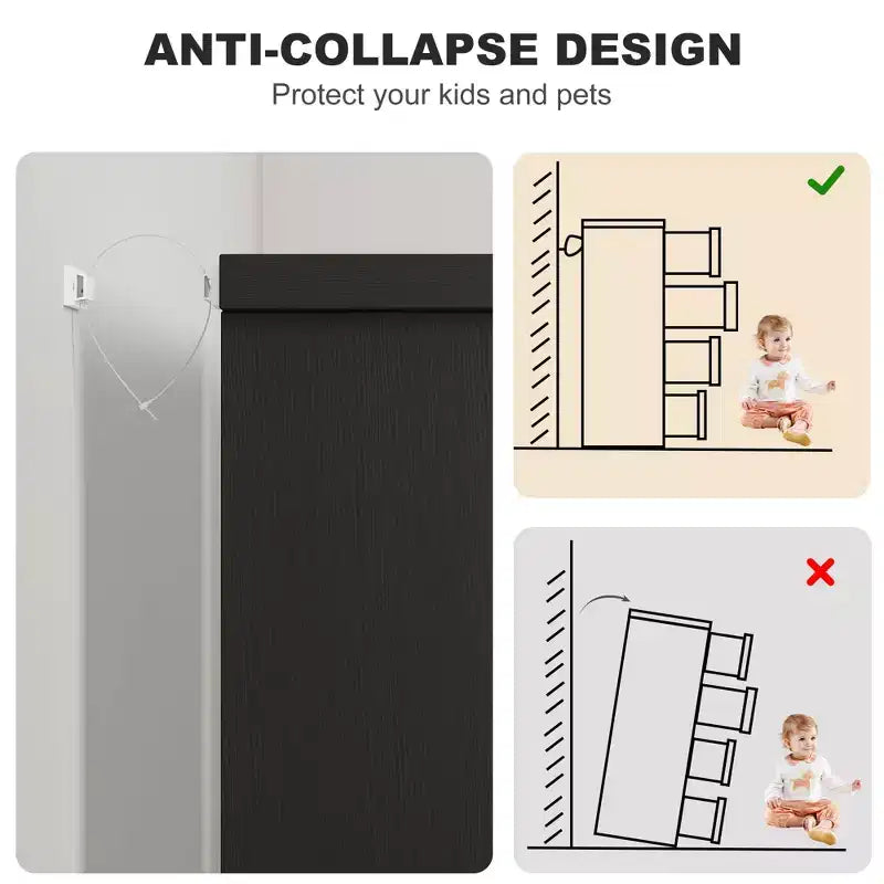 Commode à 4 tiroirs pour chambre à coucher, Organiseur de commode en bois pour salon, Noir