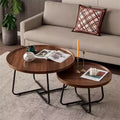Acekool Nesting Coffee Table Set, 2 Round Tables, Walnut Finish MDF Top with Raised Edge, Interchangeable Metal Legs, Space-Saving Design