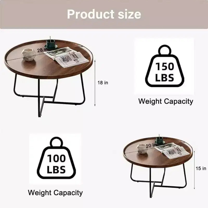 Ensemble de tables basses gigognes, 2 tables rondes, plateau en MDF finition noyer avec rebord surélevé, pieds en métal interchangeables, design peu encombrant