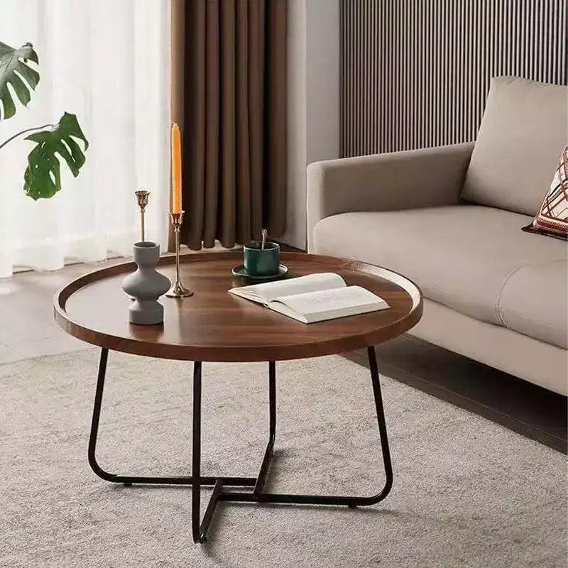 Ensemble de tables basses gigognes, 2 tables rondes, plateau en MDF finition noyer avec rebord surélevé, pieds en métal interchangeables, design peu encombrant