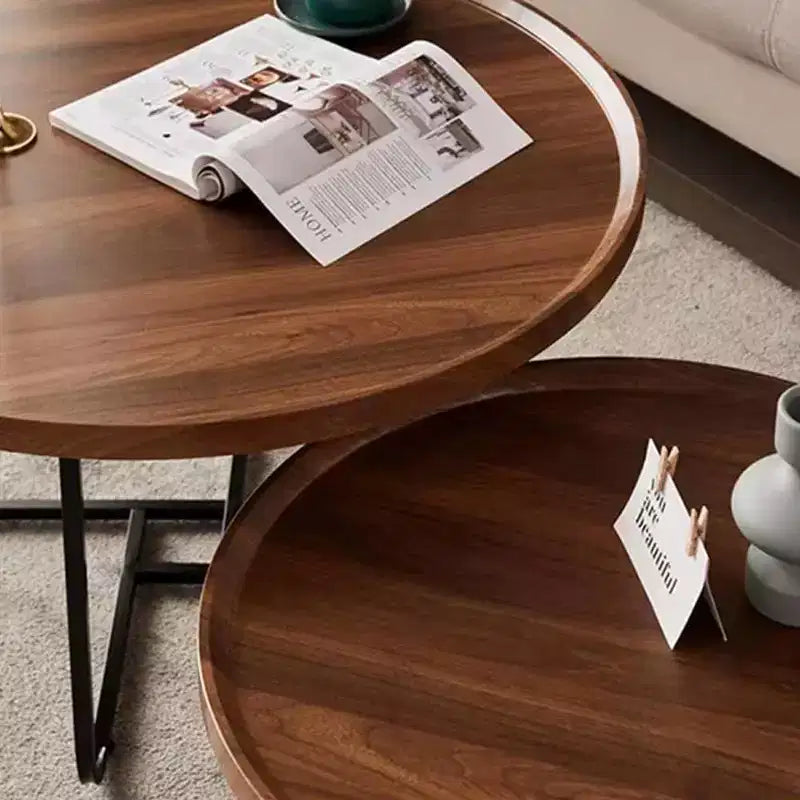Ensemble de tables basses gigognes, 2 tables rondes, plateau en MDF finition noyer avec rebord surélevé, pieds en métal interchangeables, design peu encombrant