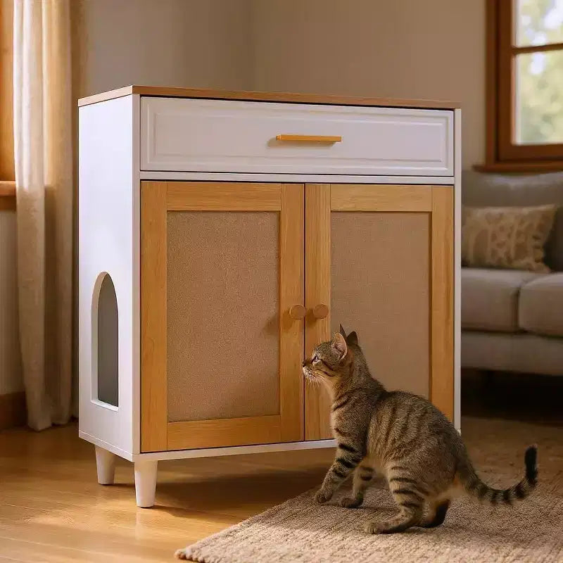 Meuble de rangement moderne avec griffoir pour chat, armoire de garde-manger avec tiroirs de rangement, table d'appoint pour salon, couloir, blanc
