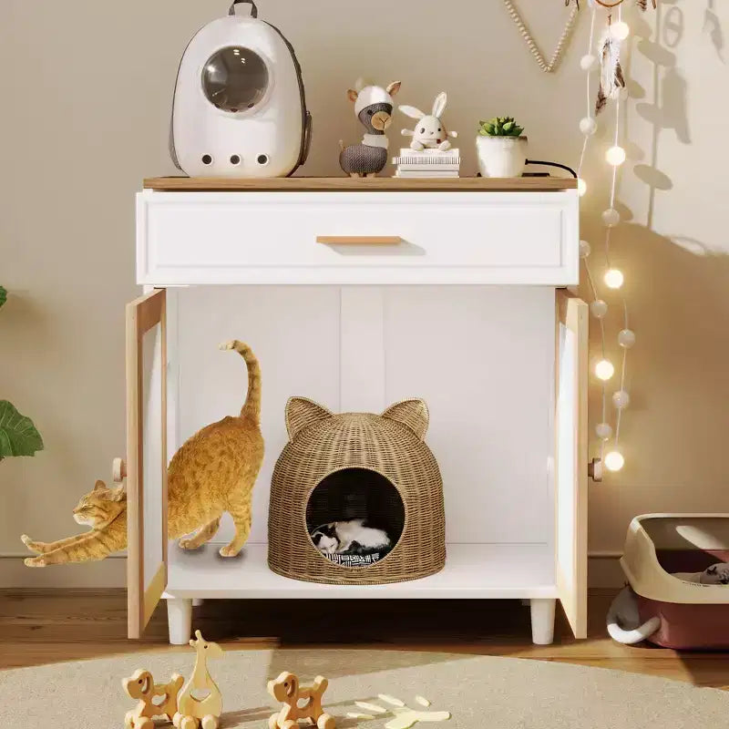 Meuble de rangement moderne avec griffoir pour chat, armoire de garde-manger avec tiroirs de rangement, table d'appoint pour salon, couloir, blanc