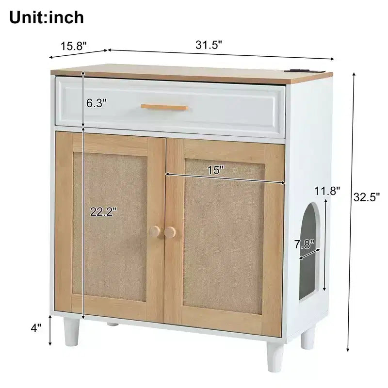 Meuble de rangement moderne avec griffoir pour chat, armoire de garde-manger avec tiroirs de rangement, table d'appoint pour salon, couloir, blanc