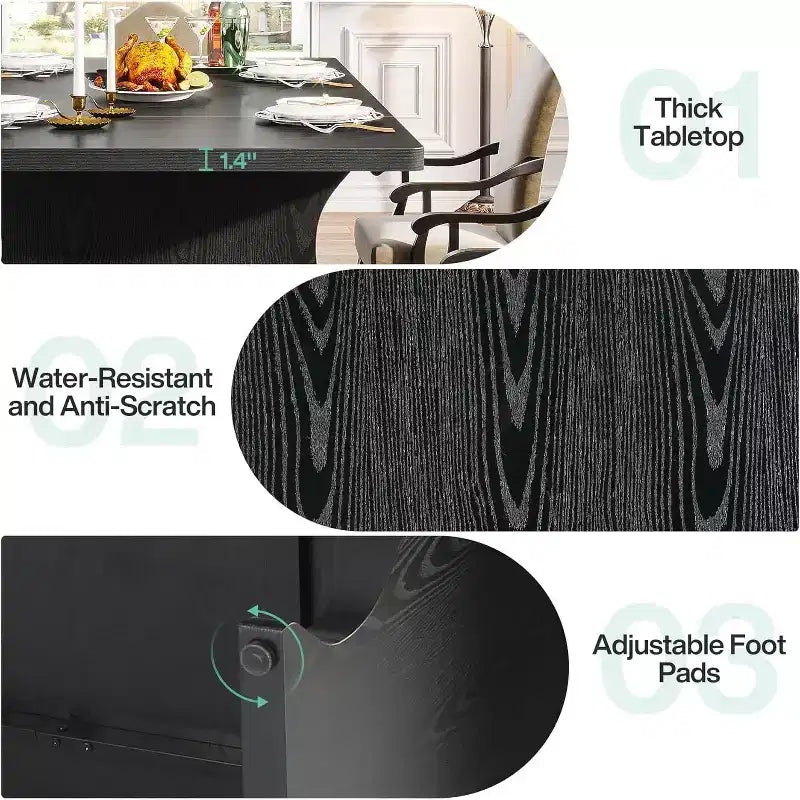 Table à manger pour 4-6 personnes, Table de cuisine rectangulaire moderne de 160 cm, Grande table de cuisine et de salle à manger de style ferme, Noir