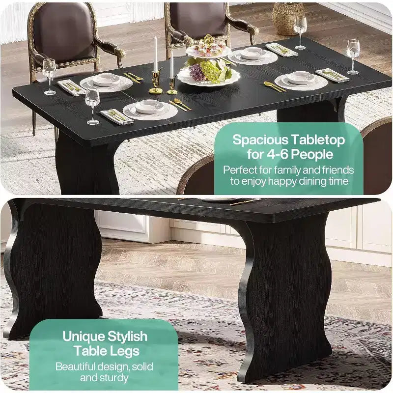 Table à manger pour 4-6 personnes, Table de cuisine rectangulaire moderne de 160 cm, Grande table de cuisine et de salle à manger de style ferme, Noir