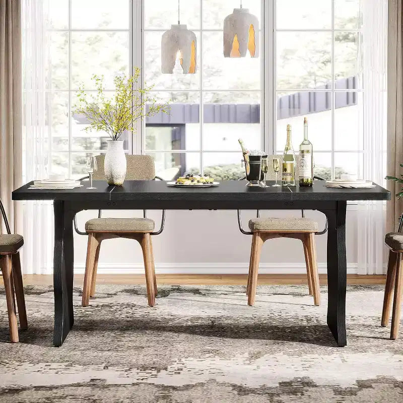 Table à manger pour 4-6 personnes, Table de cuisine rectangulaire moderne de 160 cm, Grande table de cuisine et de salle à manger de style ferme, Noir