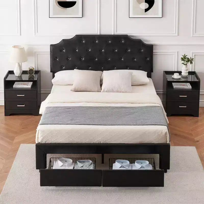 Queen Size Bed Frame with 2 Storage Drawers and Headboard, Upholstered PU Leather Platform Bed with Button Tufted