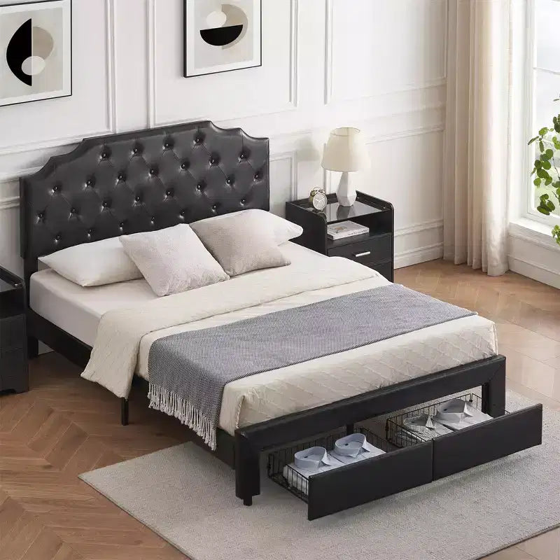 Lit queen size avec 2 tiroirs de rangement et tête de lit, plateforme de lit rembourrée en cuir PU avec capitonnage à boutons
