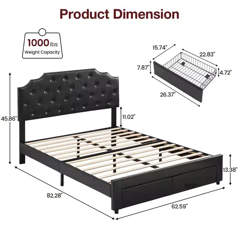Lit queen size avec 2 tiroirs de rangement et tête de lit, plateforme de lit rembourrée en cuir PU avec capitonnage à boutons