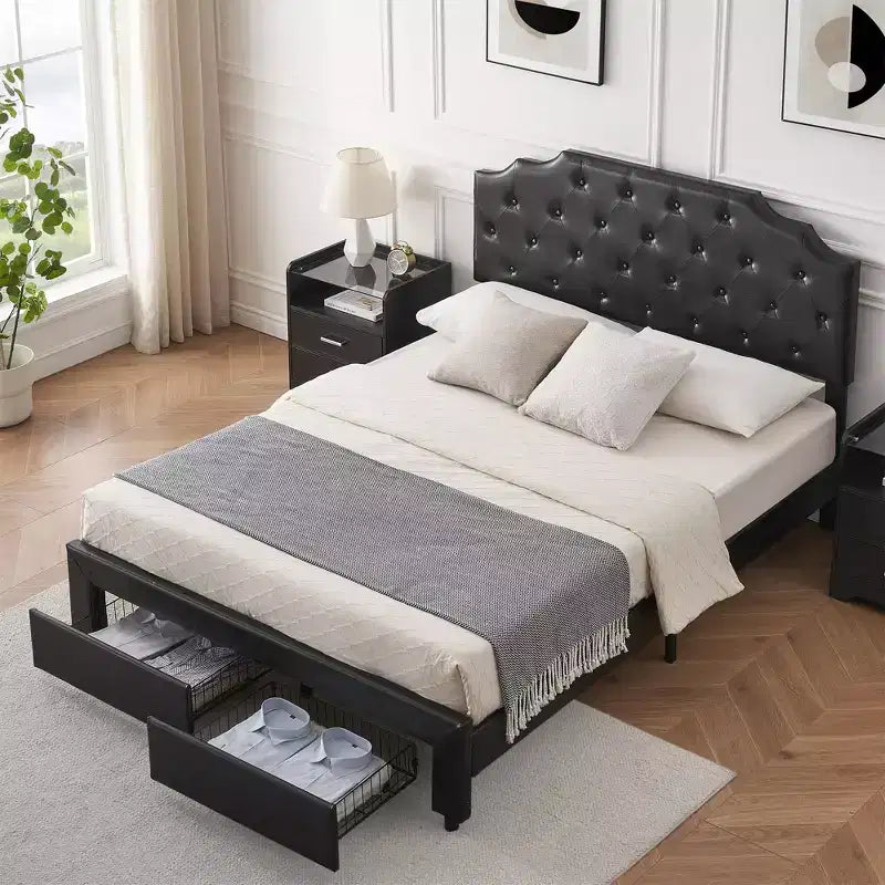 Lit queen size avec 2 tiroirs de rangement et tête de lit, plateforme de lit rembourrée en cuir PU avec capitonnage à boutons