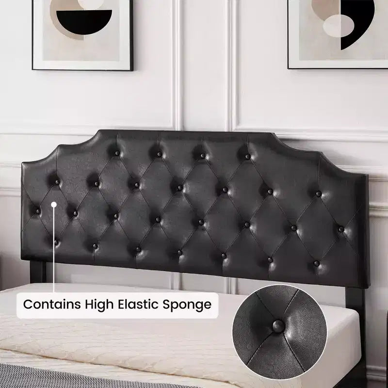 Lit queen size avec 2 tiroirs de rangement et tête de lit, plateforme de lit rembourrée en cuir PU avec capitonnage à boutons