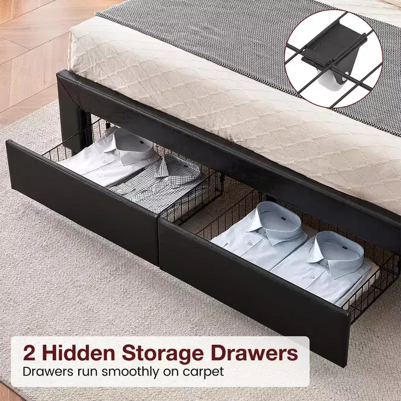 Lit queen size avec 2 tiroirs de rangement et tête de lit, plateforme de lit rembourrée en cuir PU avec capitonnage à boutons