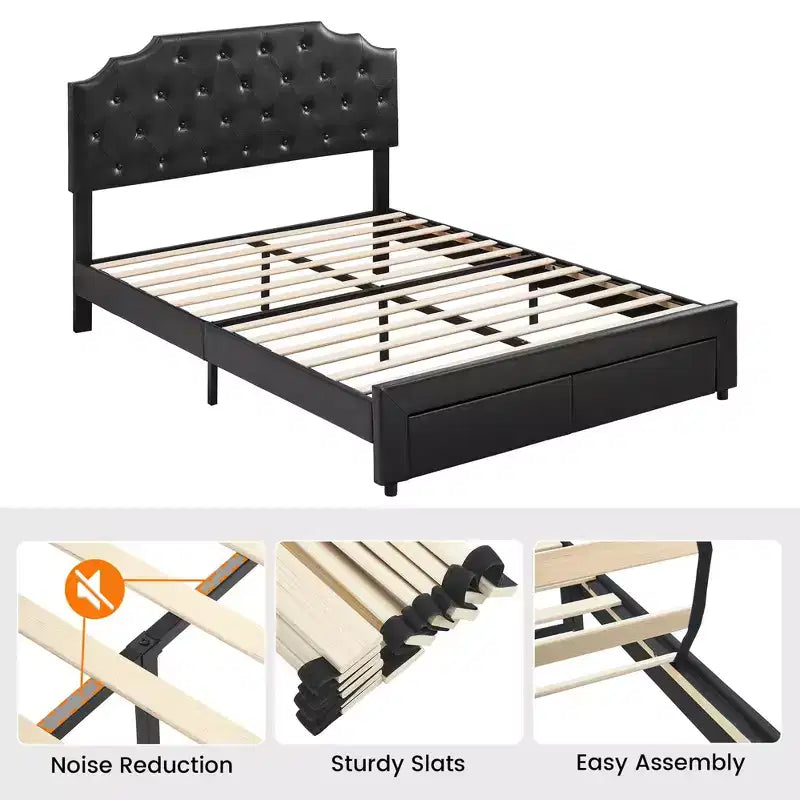 Lit queen size avec 2 tiroirs de rangement et tête de lit, plateforme de lit rembourrée en cuir PU avec capitonnage à boutons