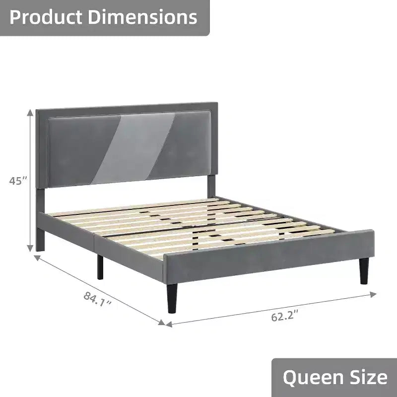 Cadre de lit queen rembourré avec tête de lit capitonnée à oreilles, velours luxueux, lattes en bois, assemblage facile, sommier tapissier en option, gris