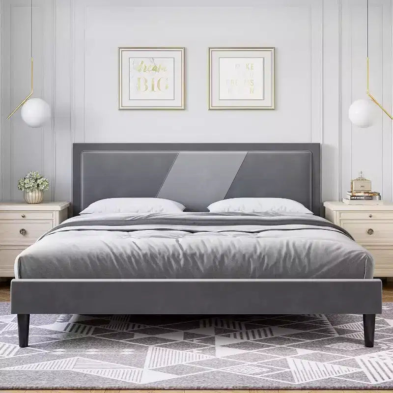 Cadre de lit queen rembourré avec tête de lit capitonnée à oreilles, velours luxueux, lattes en bois, assemblage facile, sommier tapissier en option, gris