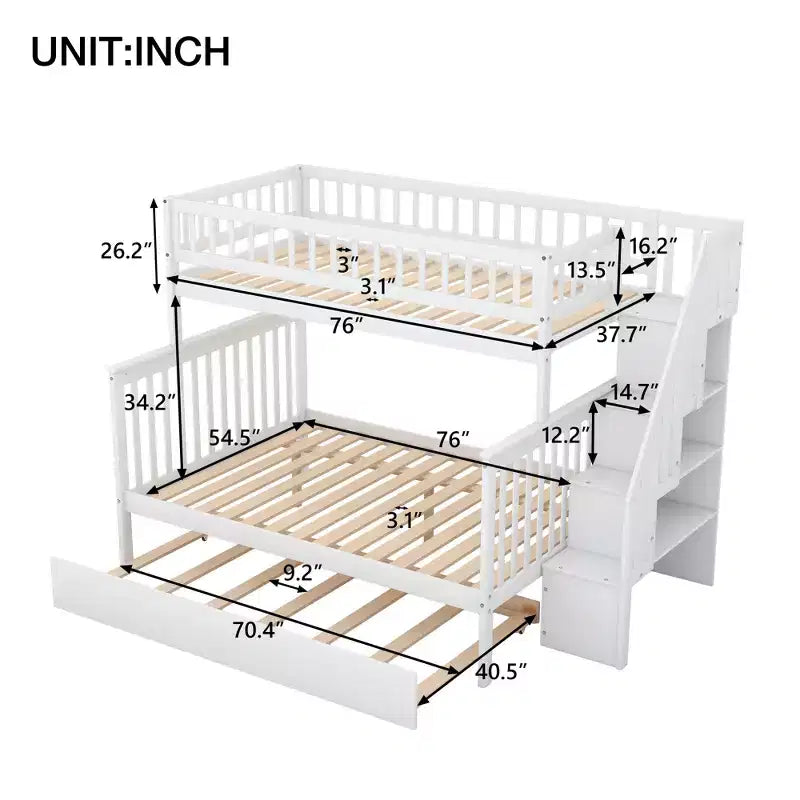 Lit superposé jumeau sur jumeau avec lit gigogne et escalier de rangement, lit superposé escalier en bois massif pour enfants, adolescents et adultes