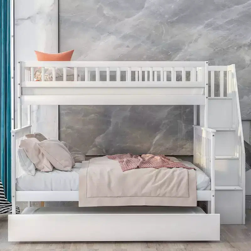 Lit superposé jumeau sur jumeau avec lit gigogne et escalier de rangement, lit superposé escalier en bois massif pour enfants, adolescents et adultes
