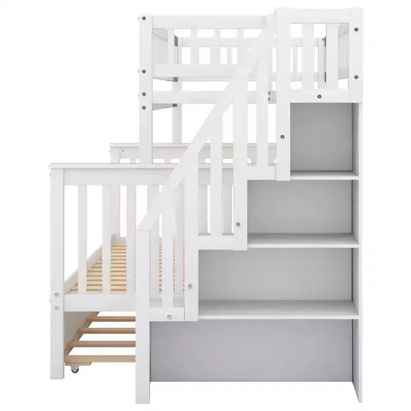 Lit superposé jumeau sur jumeau avec lit gigogne et escalier de rangement, lit superposé escalier en bois massif pour enfants, adolescents et adultes