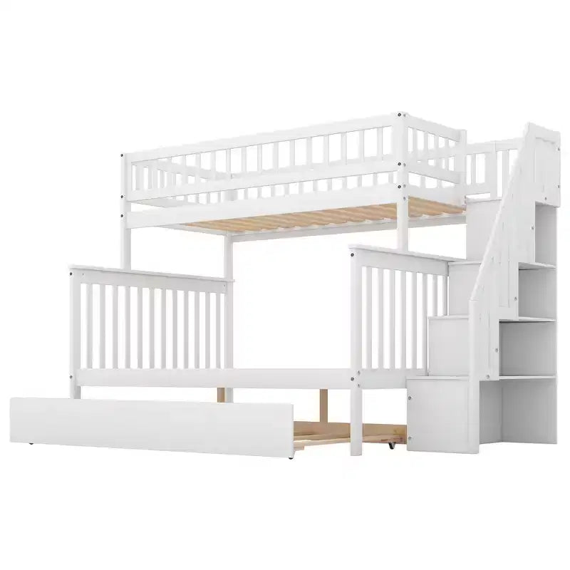 Lit superposé jumeau sur jumeau avec lit gigogne et escalier de rangement, lit superposé escalier en bois massif pour enfants, adolescents et adultes