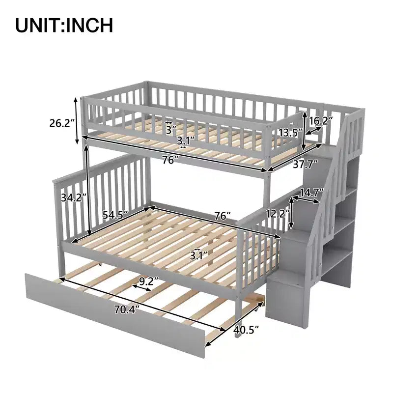 Lit superposé jumeau sur jumeau avec lit gigogne et escalier de rangement, lit superposé escalier en bois massif pour enfants, adolescents et adultes