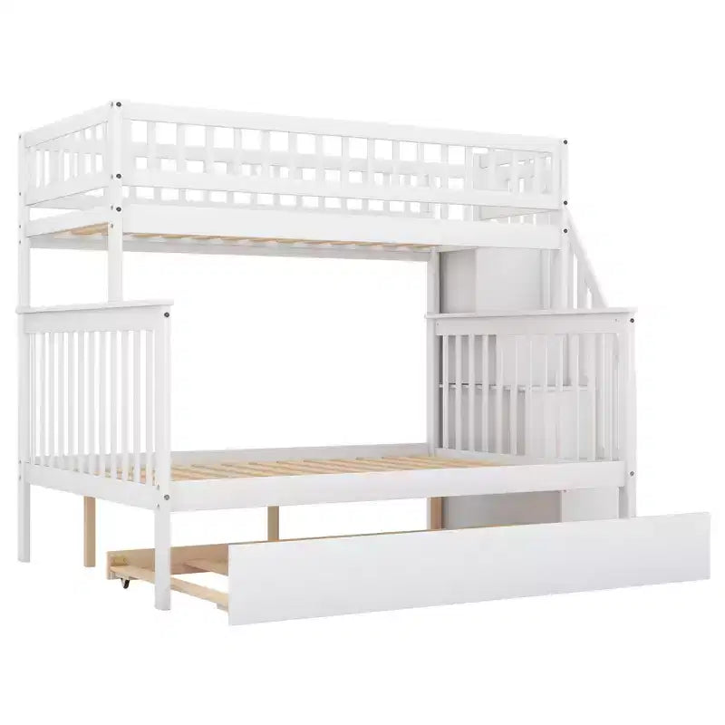 Lit superposé jumeau sur jumeau avec lit gigogne et escalier de rangement, lit superposé escalier en bois massif pour enfants, adolescents et adultes
