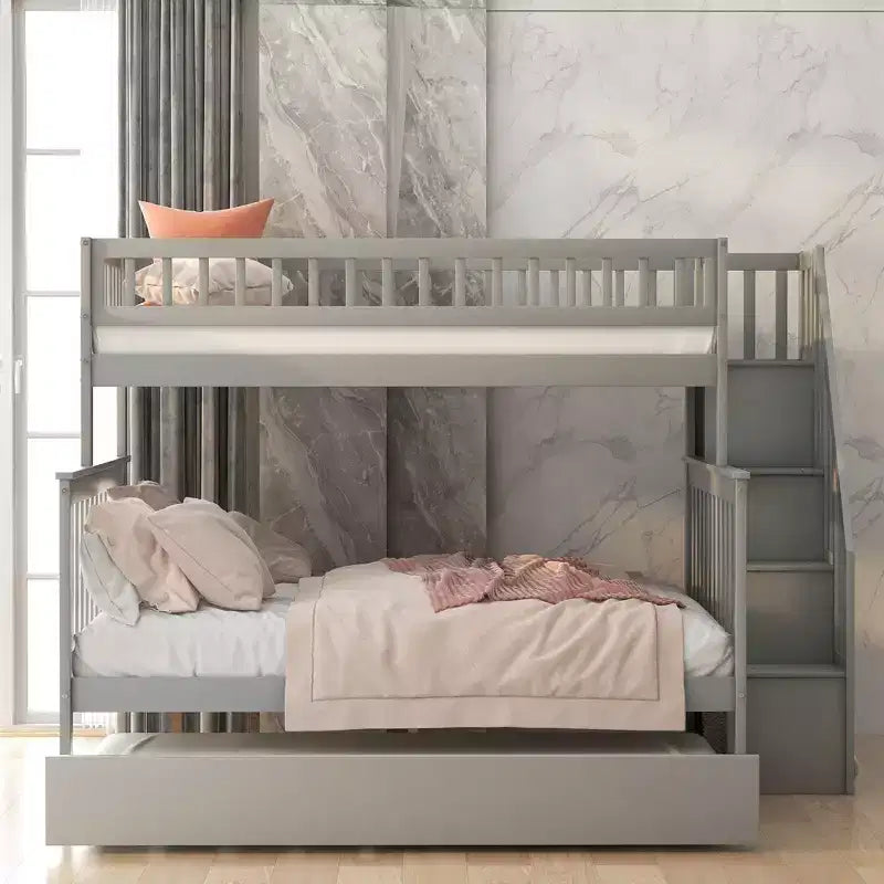 Lit superposé jumeau sur jumeau avec lit gigogne et escalier de rangement, lit superposé escalier en bois massif pour enfants, adolescents et adultes