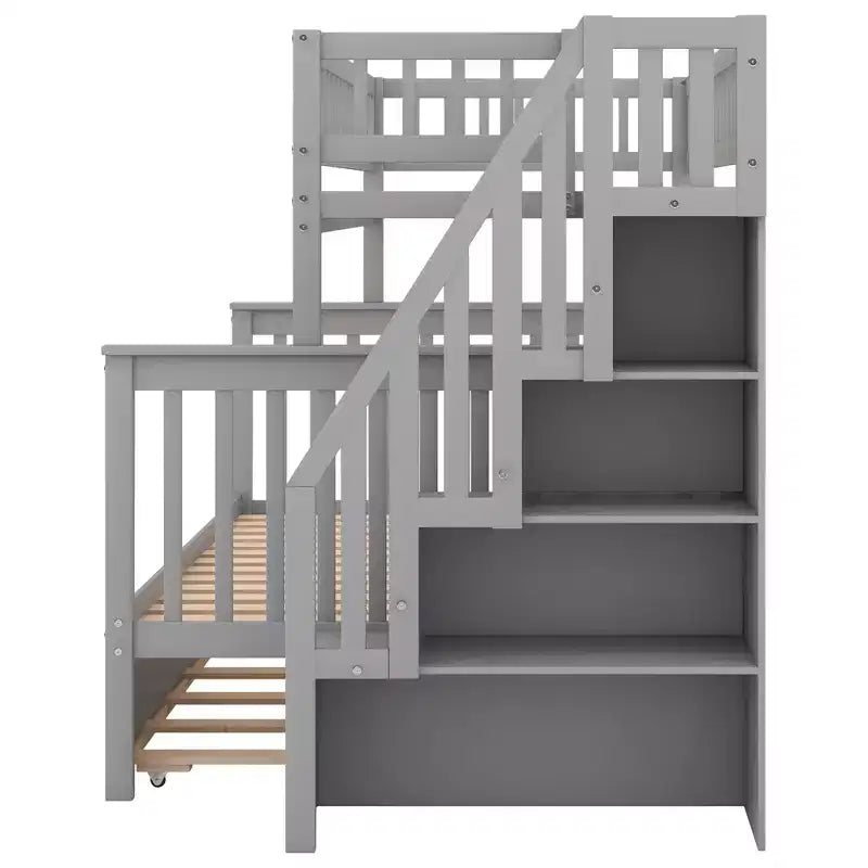 Lit superposé jumeau sur jumeau avec lit gigogne et escalier de rangement, lit superposé escalier en bois massif pour enfants, adolescents et adultes