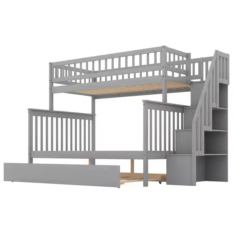 Lit superposé jumeau sur jumeau avec lit gigogne et escalier de rangement, lit superposé escalier en bois massif pour enfants, adolescents et adultes