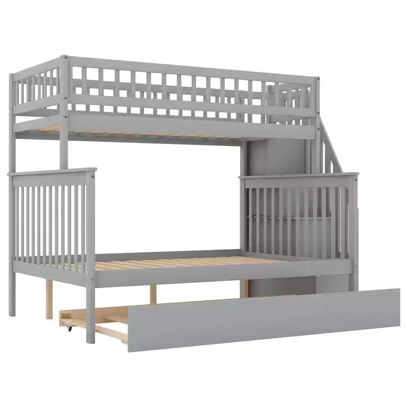 Lit superposé jumeau sur jumeau avec lit gigogne et escalier de rangement, lit superposé escalier en bois massif pour enfants, adolescents et adultes