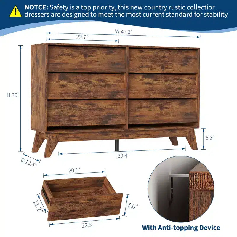 Commode Vintage, Commode à 6 Tiroirs avec Design Biseauté, Meuble TV pour Chambre, Salon, Entrée et Placard