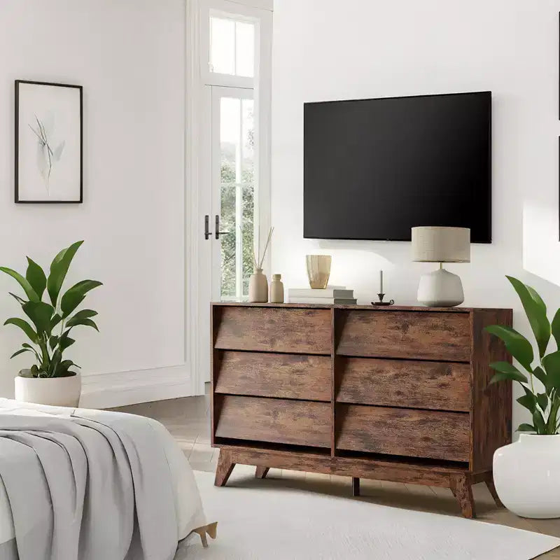 Commode Vintage, Commode à 6 Tiroirs avec Design Biseauté, Meuble TV pour Chambre, Salon, Entrée et Placard