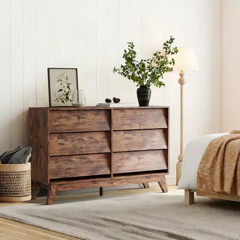 Commode Vintage, Commode à 6 Tiroirs avec Design Biseauté, Meuble TV pour Chambre, Salon, Entrée et Placard