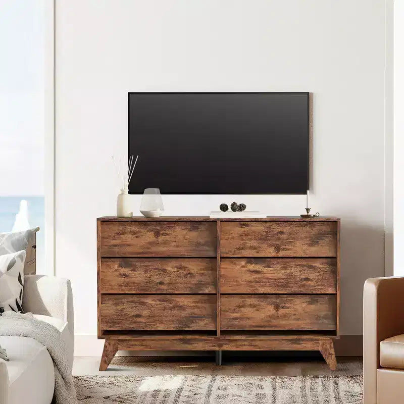Commode Vintage, Commode à 6 Tiroirs avec Design Biseauté, Meuble TV pour Chambre, Salon, Entrée et Placard
