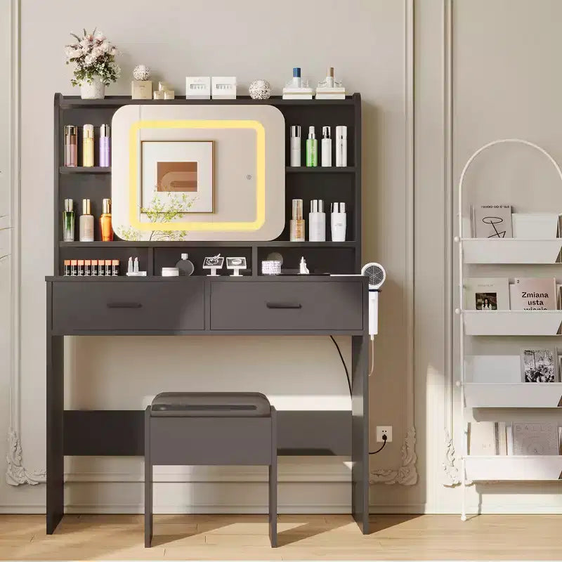 Coiffeuse Coulissante avec Miroir et Lumières - Table de Maquillage avec Tabouret, Station de Charge, Tiroirs et Étagères pour Chambre à Coucher