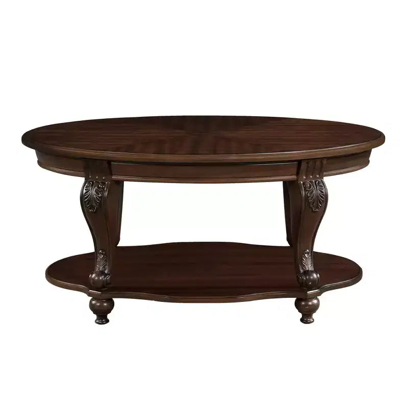 Table basse ovale en bois à 2 niveaux avec étagère de rangement ouverte pour le salon, Cerisier