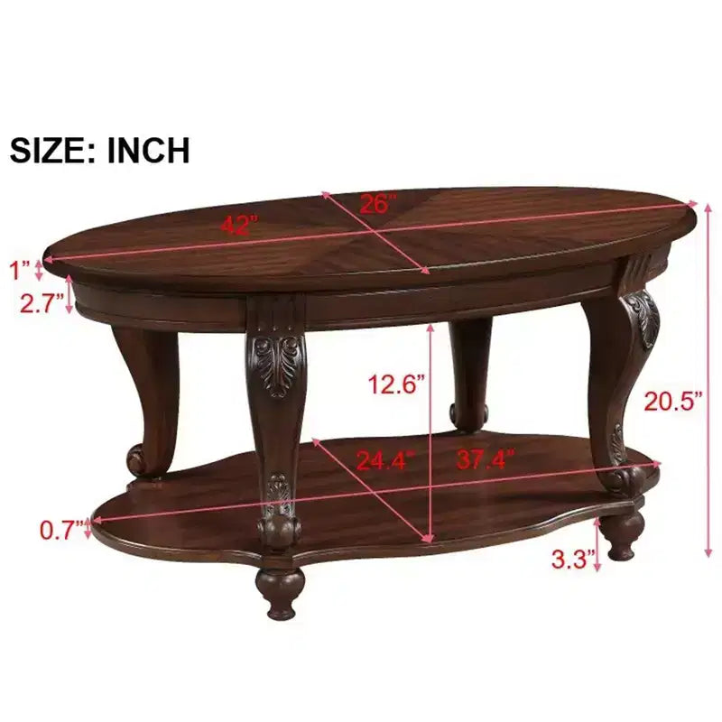 Table basse ovale en bois à 2 niveaux avec étagère de rangement ouverte pour le salon, Cerisier