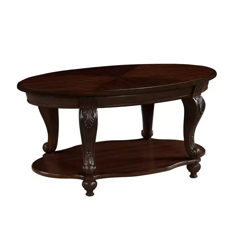 Table basse ovale en bois à 2 niveaux avec étagère de rangement ouverte pour le salon, Cerisier