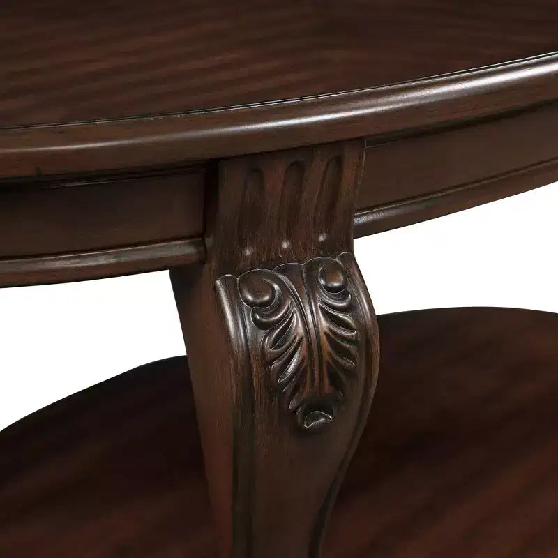 Table basse ovale en bois à 2 niveaux avec étagère de rangement ouverte pour le salon, Cerisier