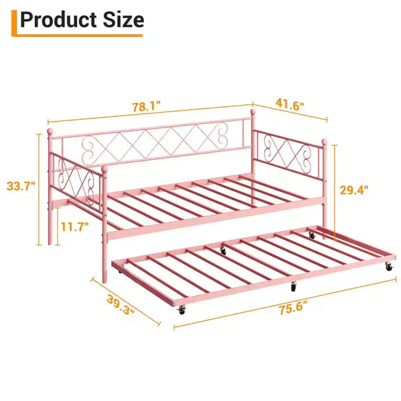 Lit de repos double en métal avec lit gigogne, Tête de lit en forme de cœur, Cadre de canapé-lit à lattes en acier, Lit d'appoint peu encombrant pour chambre à coucher, Montage facile
