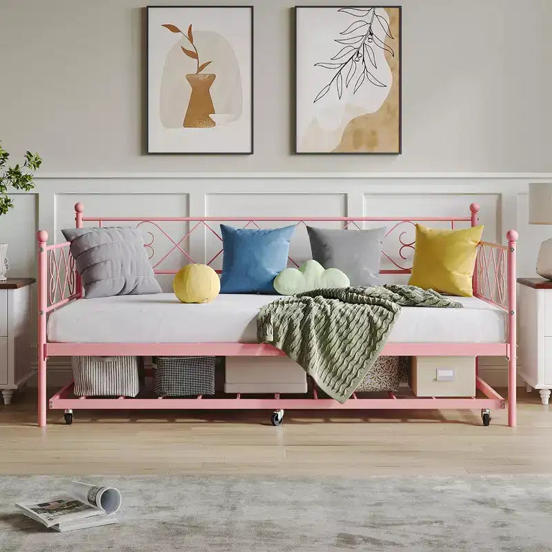 Lit de repos double en métal avec lit gigogne, Tête de lit en forme de cœur, Cadre de canapé-lit à lattes en acier, Lit d'appoint peu encombrant pour chambre à coucher, Montage facile