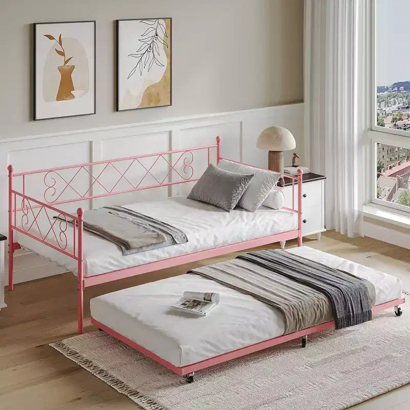 Lit de repos double en métal avec lit gigogne, Tête de lit en forme de cœur, Cadre de canapé-lit à lattes en acier, Lit d'appoint peu encombrant pour chambre à coucher, Montage facile