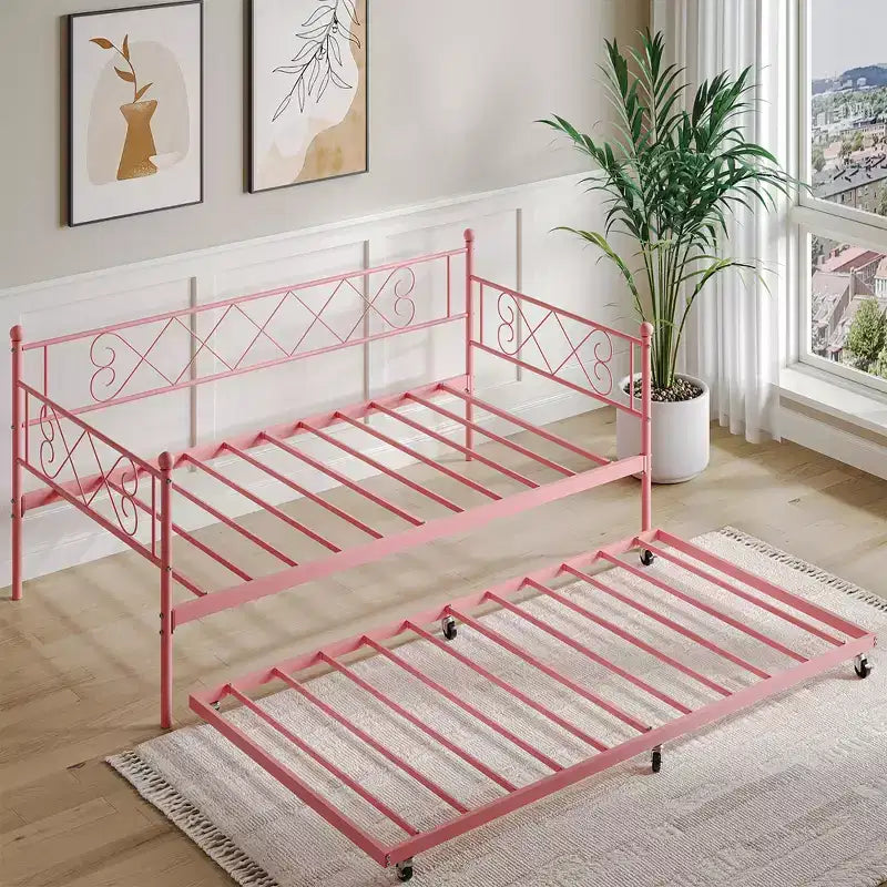 Lit de repos double en métal avec lit gigogne, Tête de lit en forme de cœur, Cadre de canapé-lit à lattes en acier, Lit d'appoint peu encombrant pour chambre à coucher, Montage facile