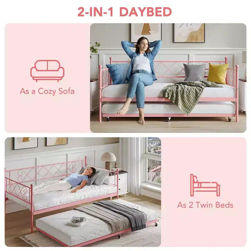 Lit de repos double en métal avec lit gigogne, Tête de lit en forme de cœur, Cadre de canapé-lit à lattes en acier, Lit d'appoint peu encombrant pour chambre à coucher, Montage facile