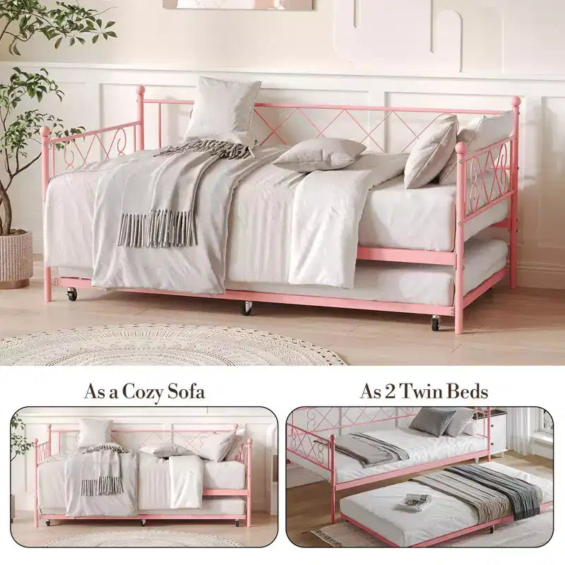 Lit de repos double en métal avec lit gigogne, Tête de lit en forme de cœur, Cadre de canapé-lit à lattes en acier, Lit d'appoint peu encombrant pour chambre à coucher, Montage facile