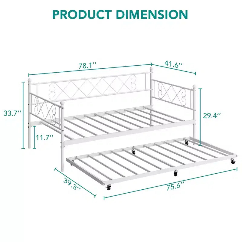 Lit de repos double en métal avec lit gigogne, Tête de lit en forme de cœur, Cadre de canapé-lit à lattes en acier, Lit d'appoint peu encombrant pour chambre à coucher, Montage facile